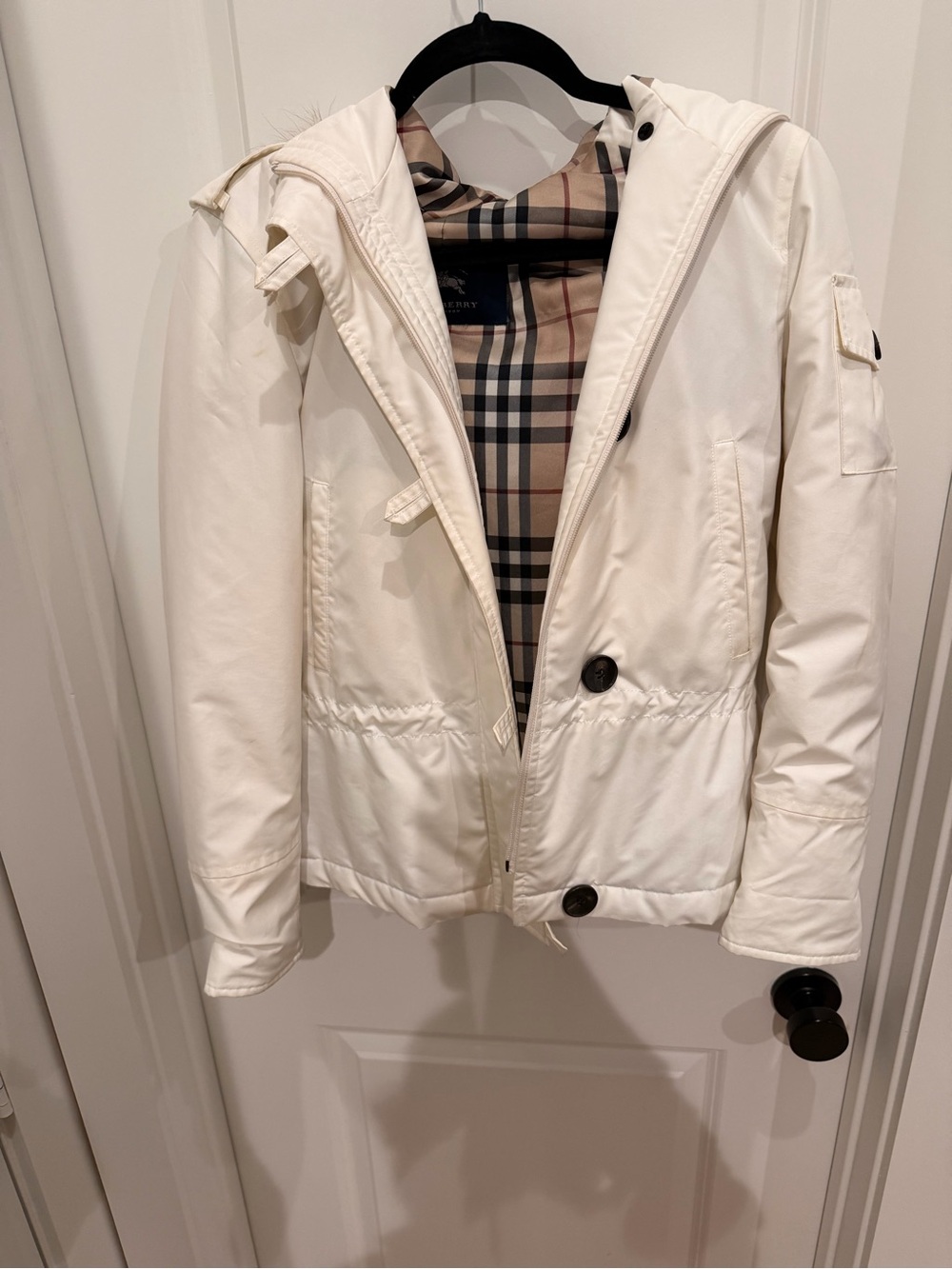 Burberry Cream Hooded Puffer Jacket with Signature Check Lining